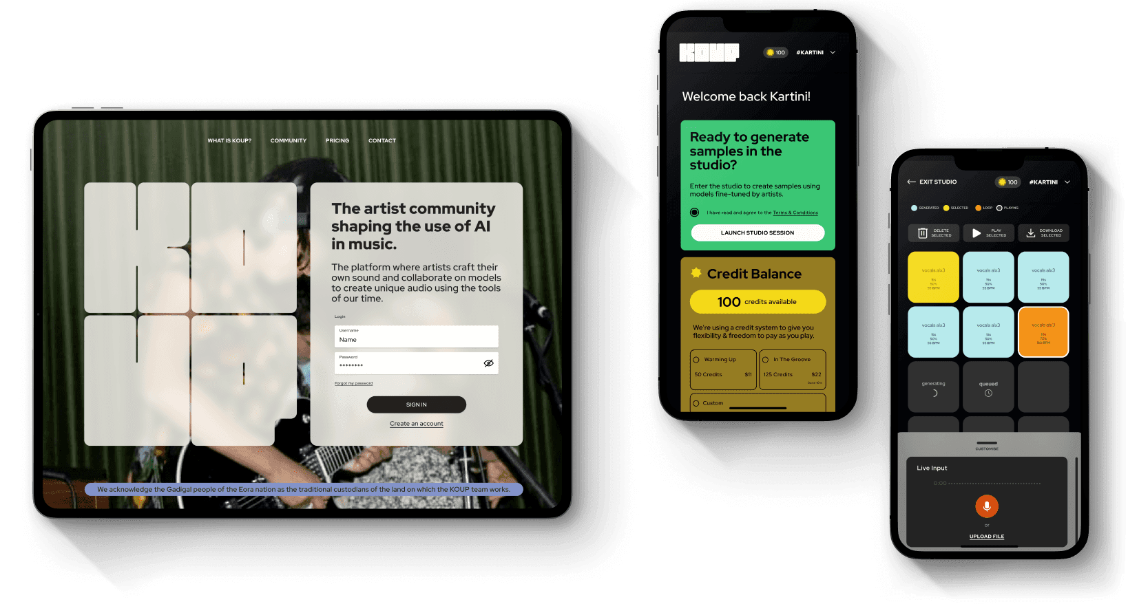 Three screenshots of the Koup platforms – the login, the homepage, and the studio page