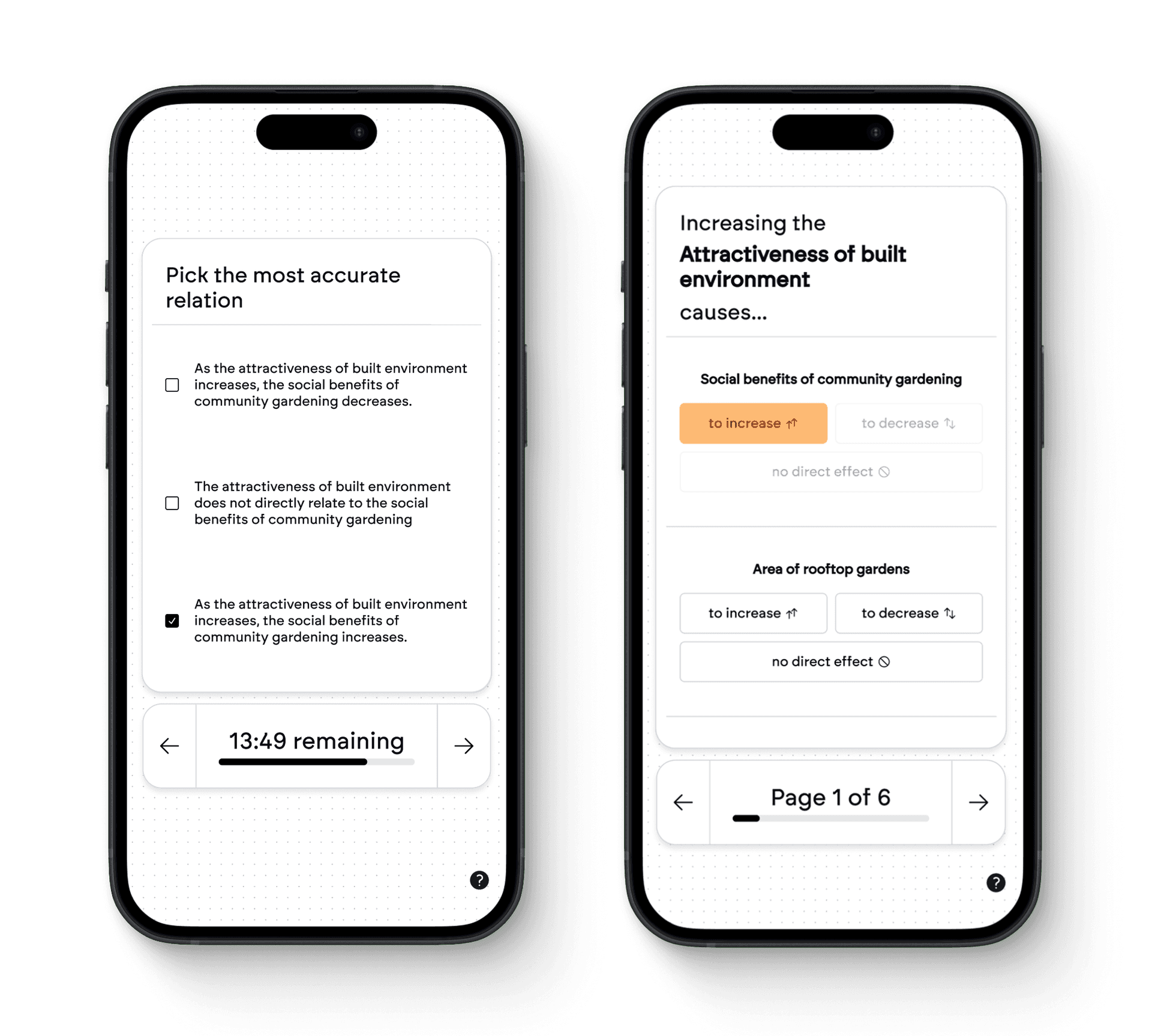 Two screenshots from the Revelo mobile voting interface, one showing three options on a screen, and another with a variable at the top, and multiple variables underneath to choose from.